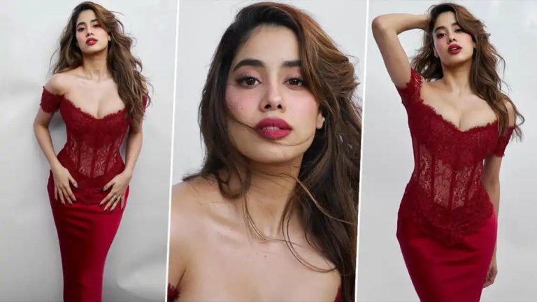 Janhvi Kapoor Inspires Valentine’s Day Outfit with Romantic Red Satin and Lace Floor-Length Gown (View Pics)