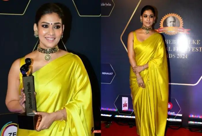 Nayanthara Stuns in Lemon Yellow Silk Saree as She Wins ‘Best Actress’ Award at DPIFF 2024 – WATCH