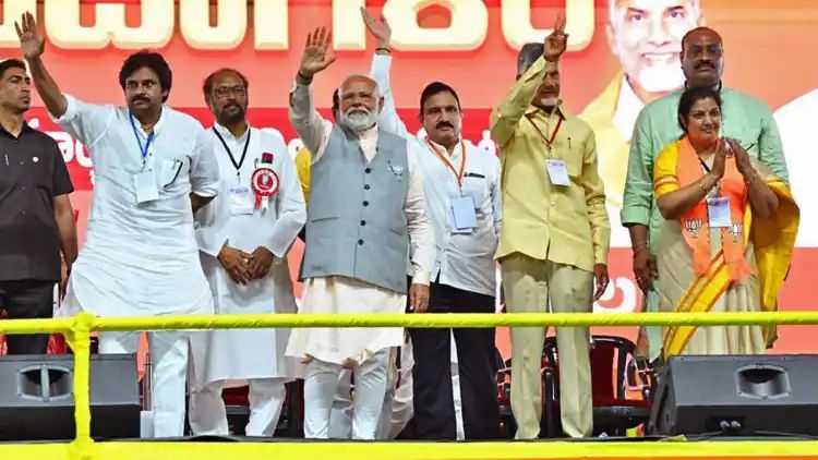 Modi refrains from attacking Andhra CM Jagan in 1st joint rally with new allies Naidu & Kalyan