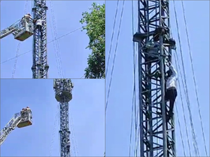 Delhi Police use fire brigade crane to bring down TN farmers from mobile tower