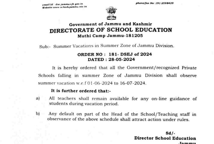 JKBOSE Summer Vacation 2024: Private, Govt Schools in Jammu Division Summer Zone to Observe Summer Holidays From June 1