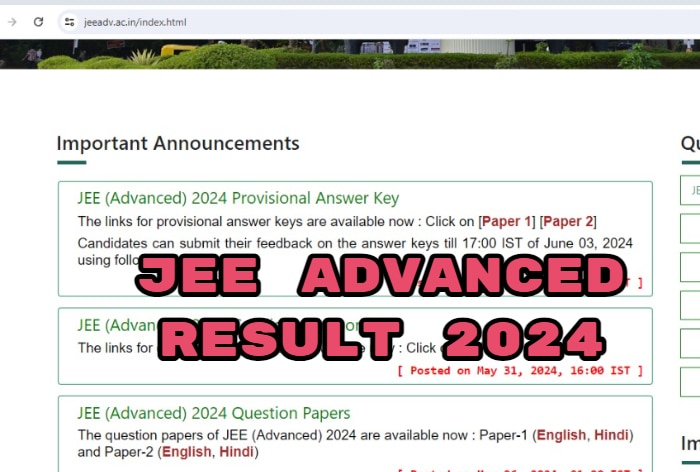 JEE Advanced 2024 Result(OUT) LIVE: IIT JEE Advanced Result, Final Answer Key at jeeadv.ac.in; Direct Link