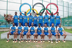 Indian men's hockey team poses in Olympic jersey