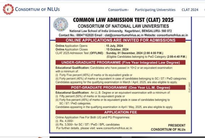 CLAT 2025 Notification Released For UG, PG Courses; Check Application Fee, Registration Dates