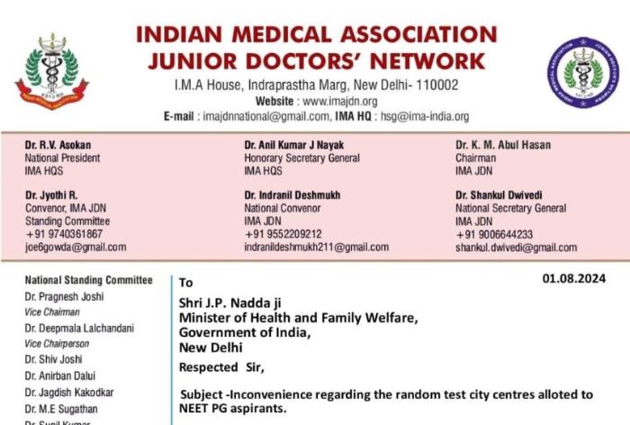 NEET PG 2024 Test Centre Row: IMA-Junior Doctors Network Writes Fresh Letter to Health Minister J P Nadda