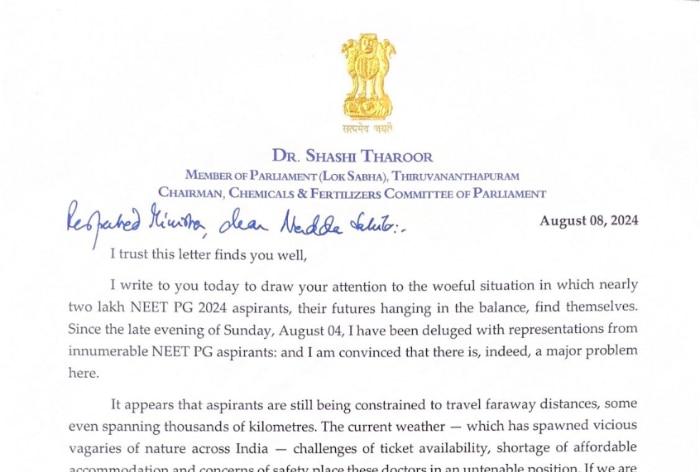 NEET PG 2024 Test Centre Row: Shashi Tharoor Writes Fresh Letter Health Minister to J P Nadda To Authorise Enough Exam Centres In Every State