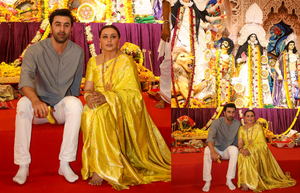 Ranbir Kapoor offers prayers at Durga pandal, hugs Rani Mukerji